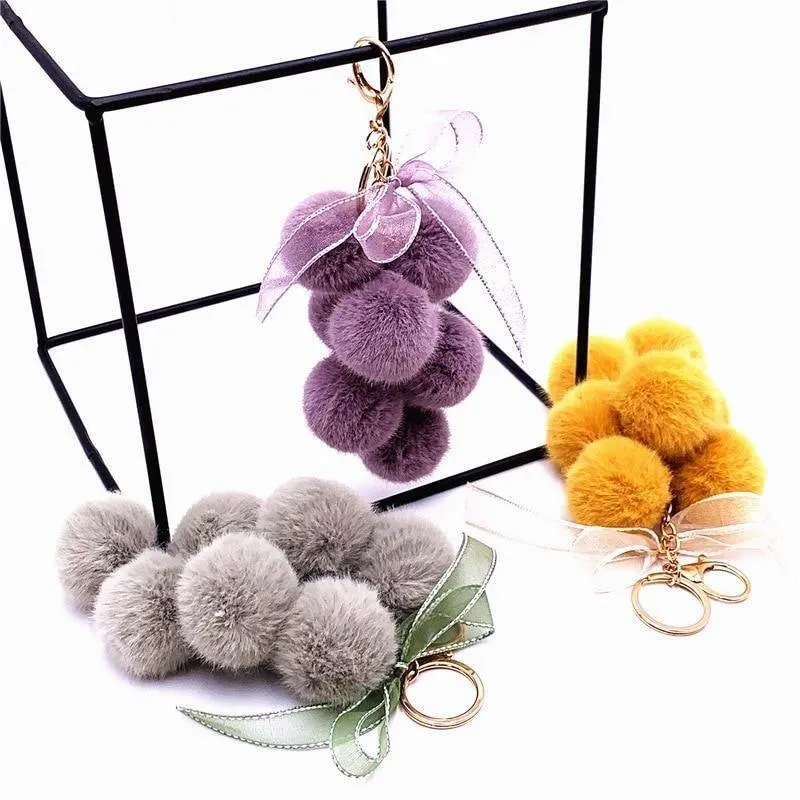 Creative grape fruit keychain cute bag plush pendant lace bow Fur Unique Key Chain car key chain #K4211