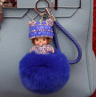 Crystal Monchichi sleutelhanger kiki Dolls real fur pom pom keychain car key chain ring women charm bag pendant porte clef