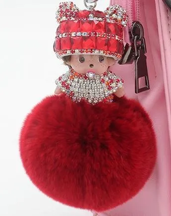 Crystal Monchichi sleutelhanger kiki Dolls real fur pom pom keychain car key chain ring women charm bag pendant porte clef