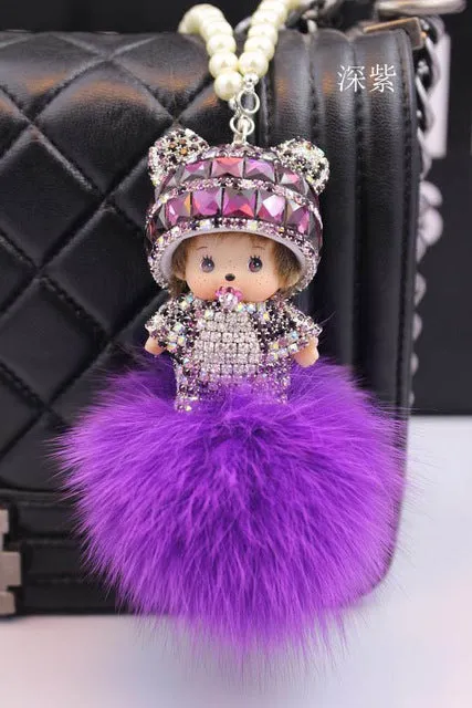 Crystal Monchichi sleutelhanger kiki Dolls real fur pom pom keychain car key chain ring women charm bag pendant porte clef