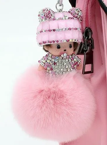 Crystal Monchichi sleutelhanger kiki Dolls real fur pom pom keychain car key chain ring women charm bag pendant porte clef