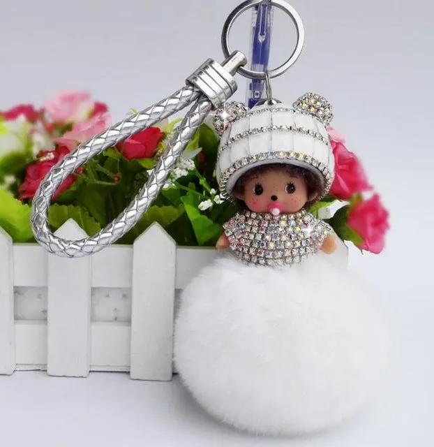 Crystal Monchichi sleutelhanger kiki Dolls real fur pom pom keychain car key chain ring women charm bag pendant porte clef