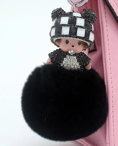 Crystal Monchichi sleutelhanger kiki Dolls real fur pom pom keychain car key chain ring women charm bag pendant porte clef