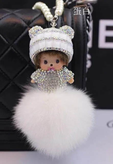 Crystal Monchichi sleutelhanger kiki Dolls real fur pom pom keychain car key chain ring women charm bag pendant porte clef