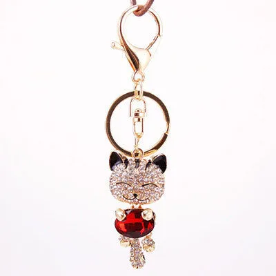 Crystal Rhinestone Metal Cat Keychain Novelty Souvenir Gifts Couple Key Chain Key Ring Hangbag Charms Pendant Chaveiros Carro