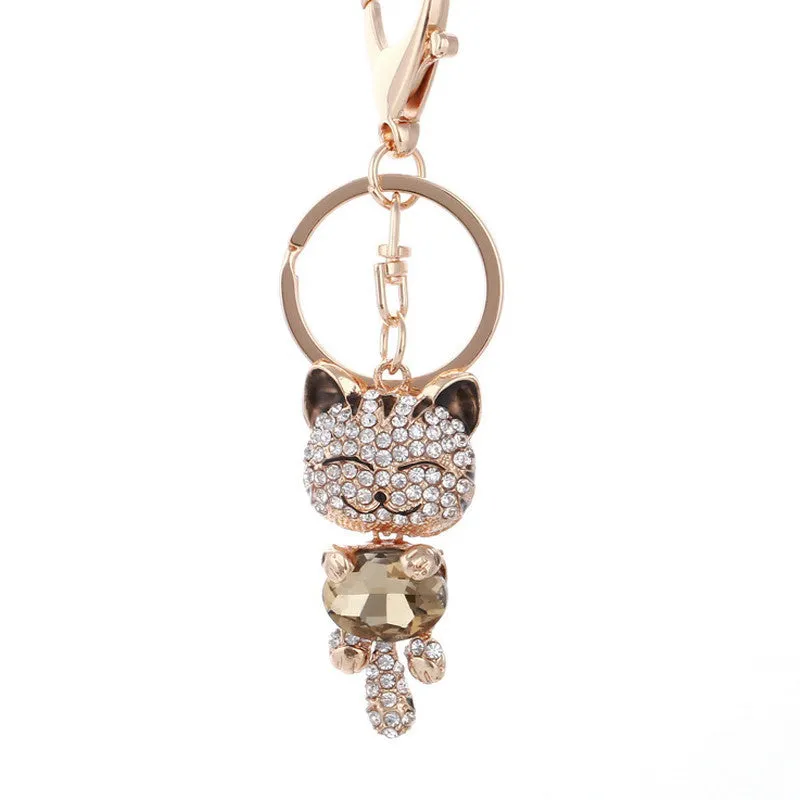 Crystal Rhinestone Metal Cat Keychain Novelty Souvenir Gifts Couple Key Chain Key Ring Hangbag Charms Pendant Chaveiros Carro