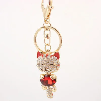 Crystal Rhinestone Metal Cat Keychain Novelty Souvenir Gifts Couple Key Chain Key Ring Hangbag Charms Pendant Chaveiros Carro