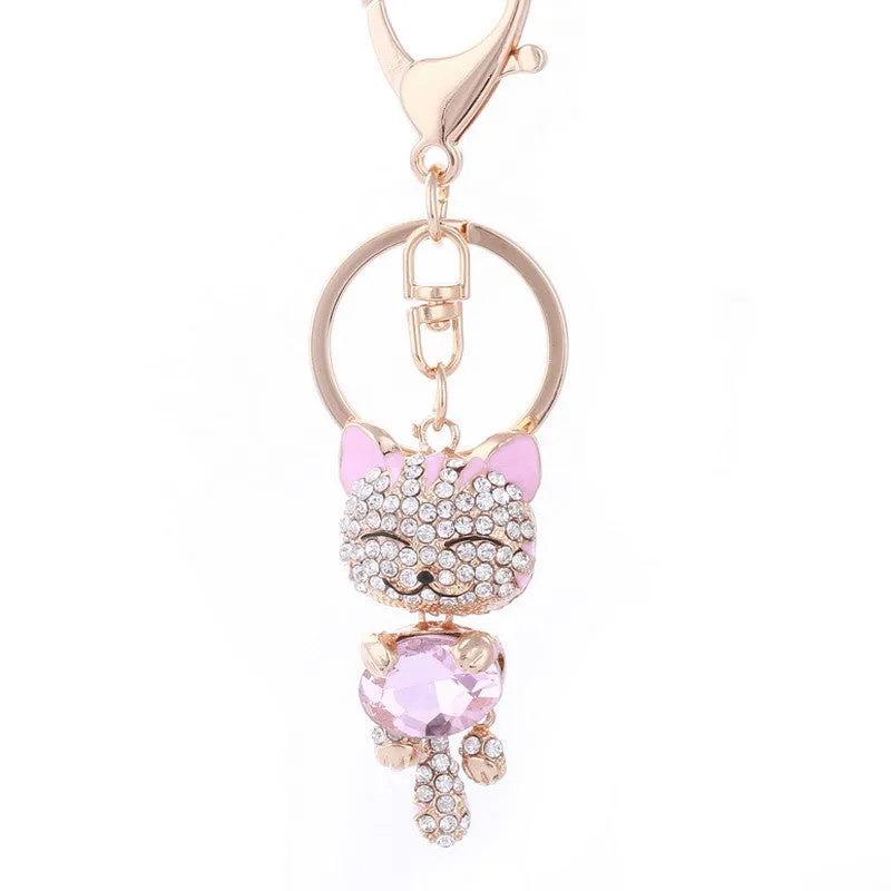 Crystal Rhinestone Metal Cat Keychain Novelty Souvenir Gifts Couple Key Chain Key Ring Hangbag Charms Pendant Chaveiros Carro