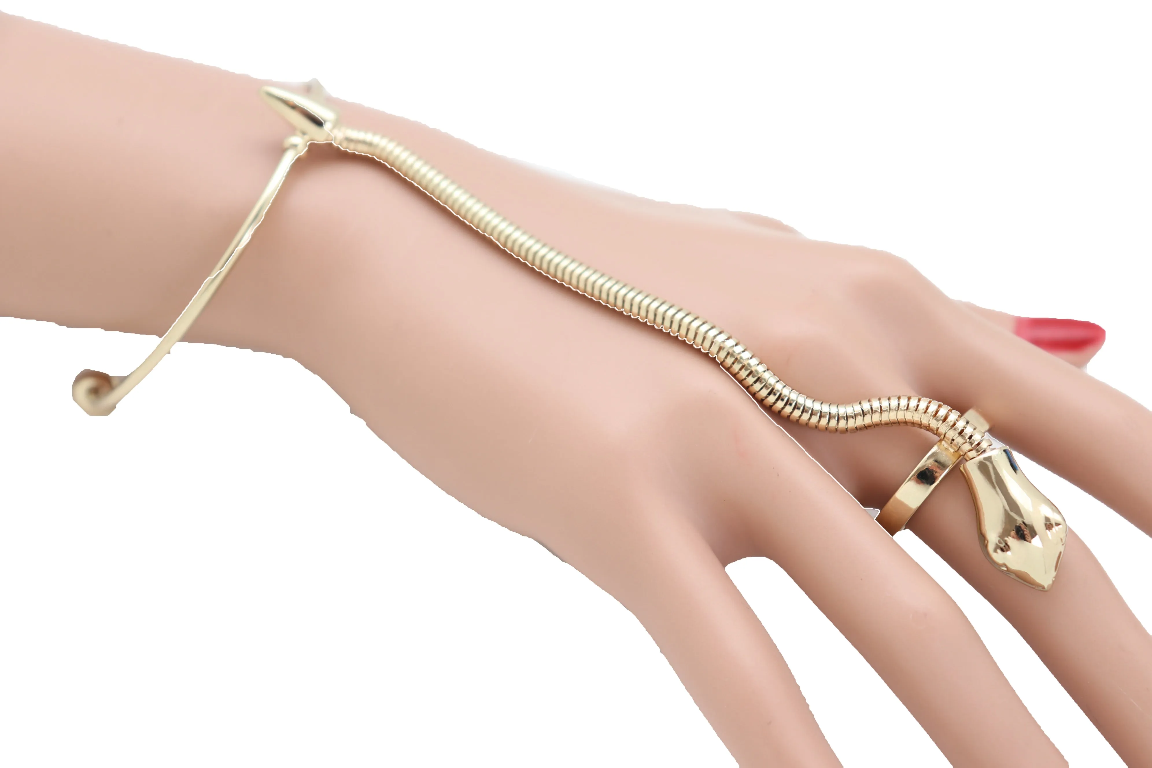 Cuff Bracelet Gold Metal Hand Chain Bohemian Snake Ring Size 8