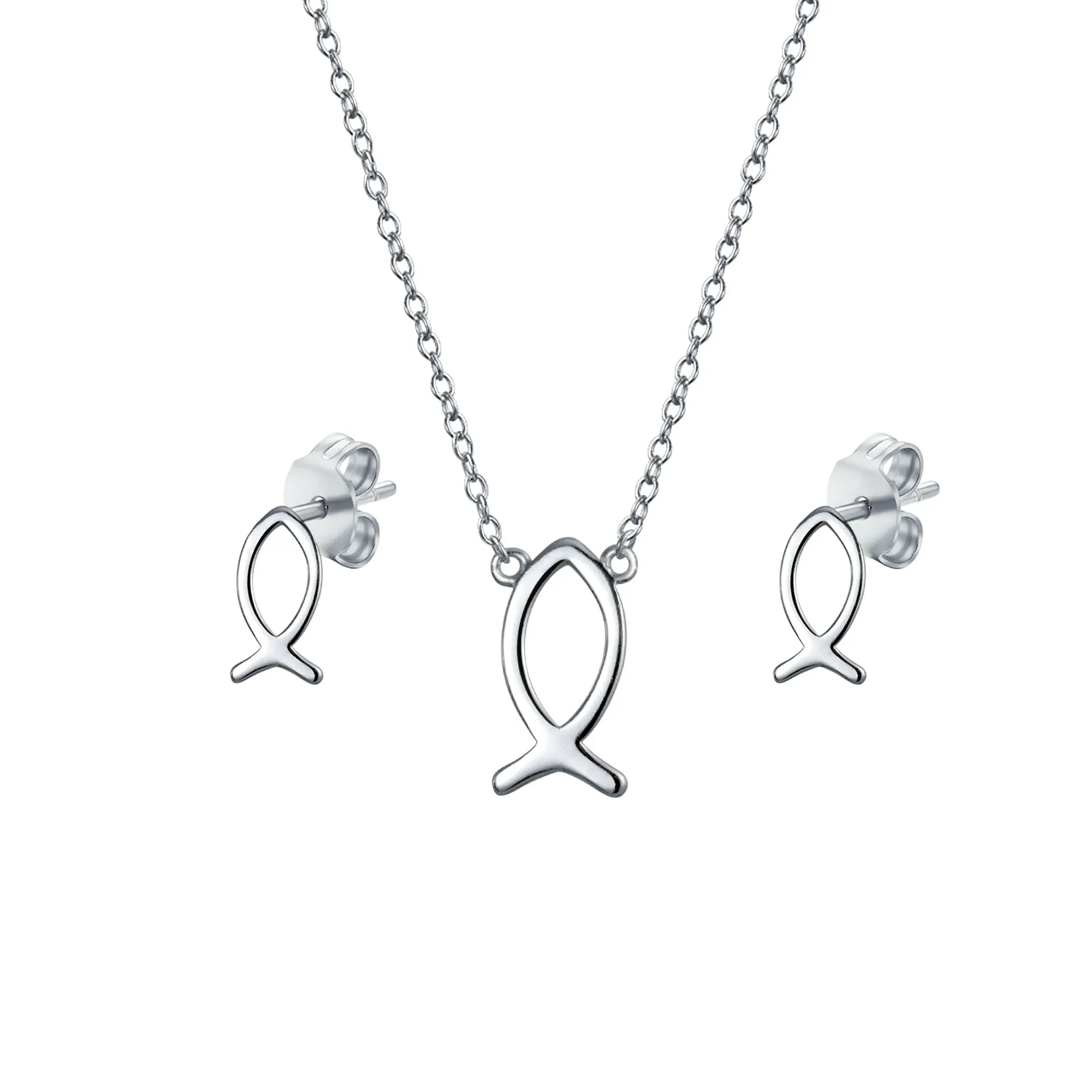 Dainty Ichthys Pendant Necklace & Stud Earrings - Sterling Silver Jewelry Set