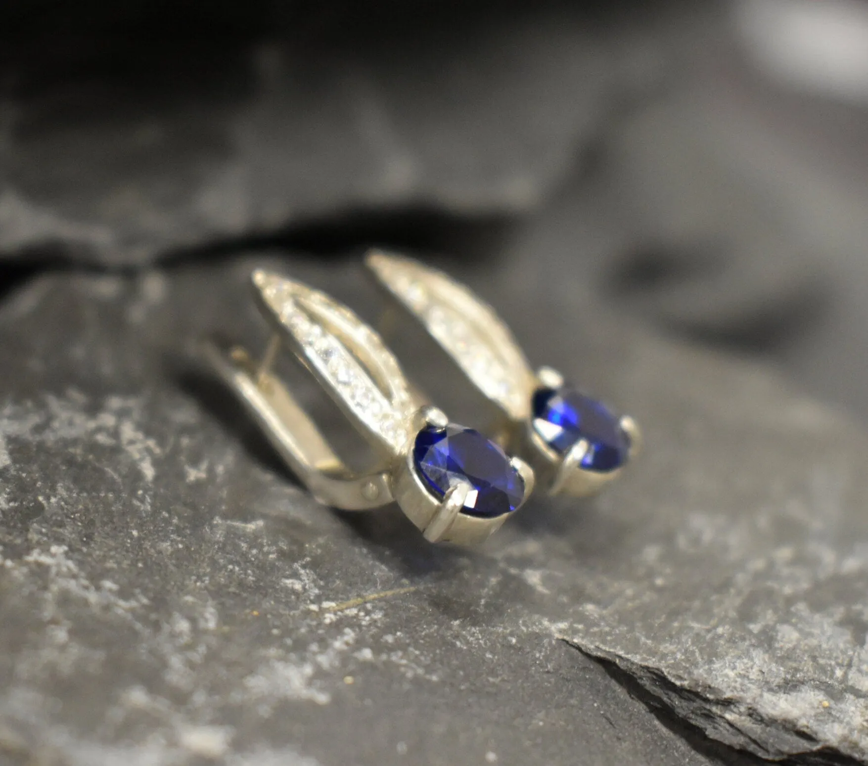 Drop Sapphire Earrings - Royal Blue Earrings - Vintage Oval Earrings