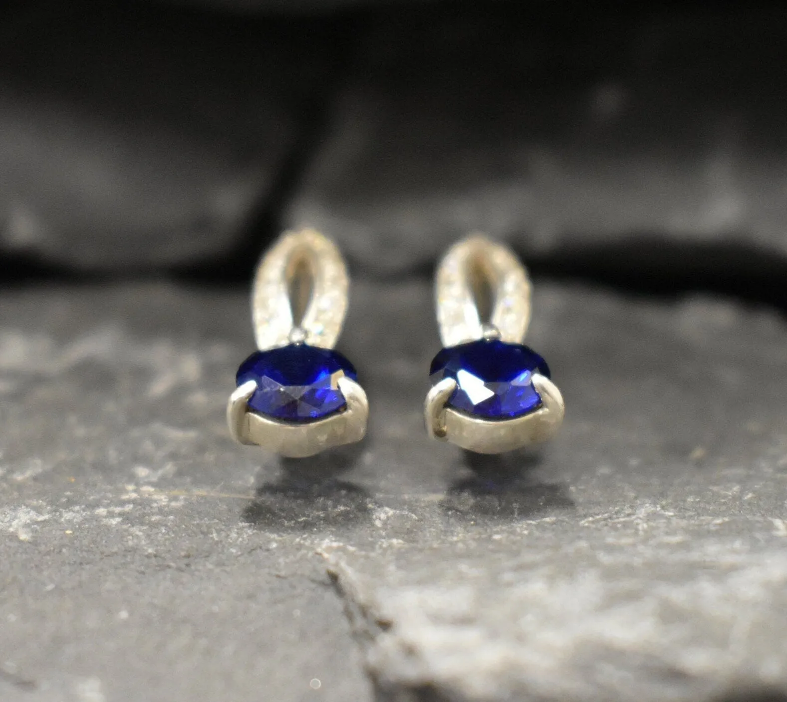 Drop Sapphire Earrings - Royal Blue Earrings - Vintage Oval Earrings