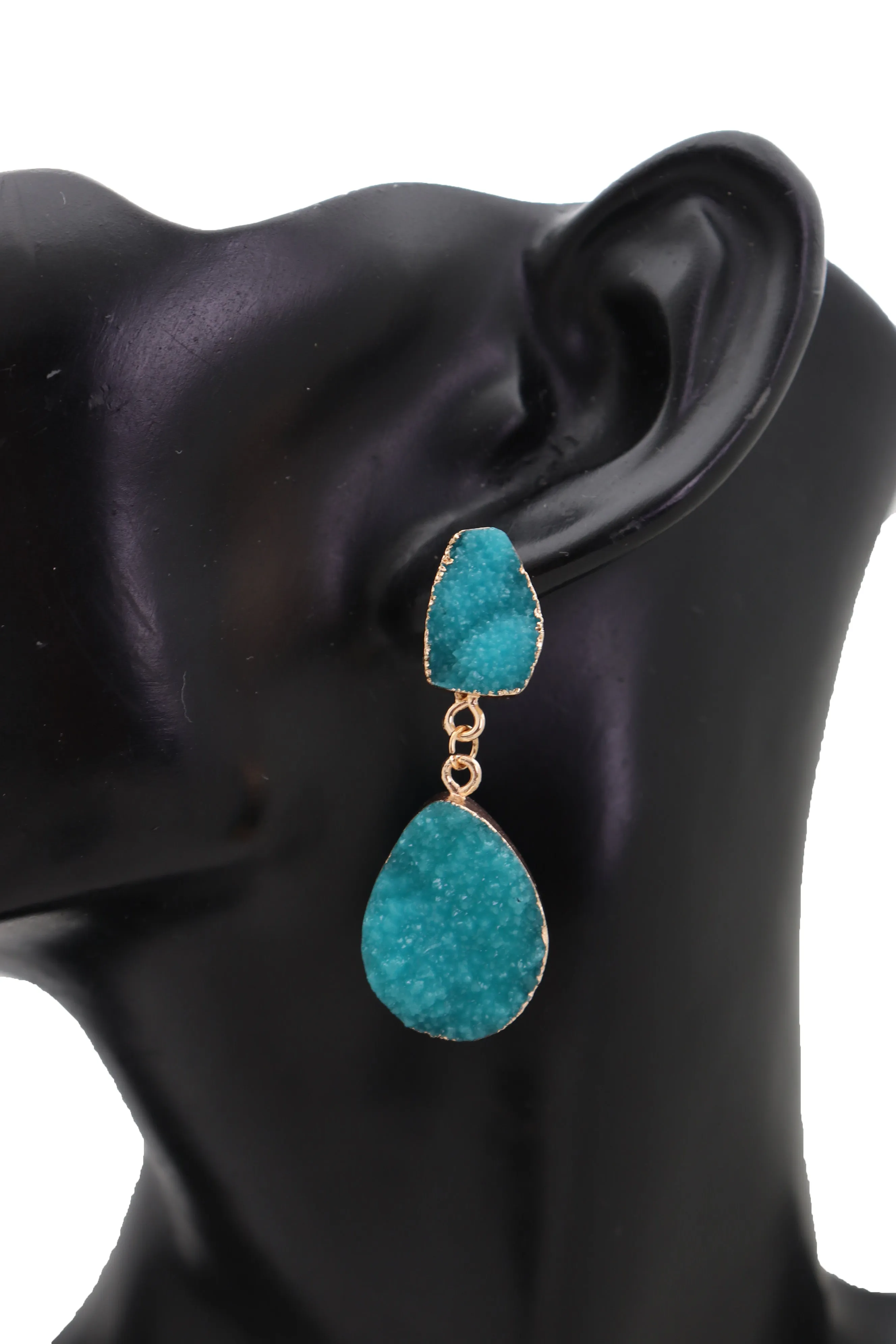 Earrings Set Cute Gold Metal Dangle Turquoise Blue Color Elegant Style