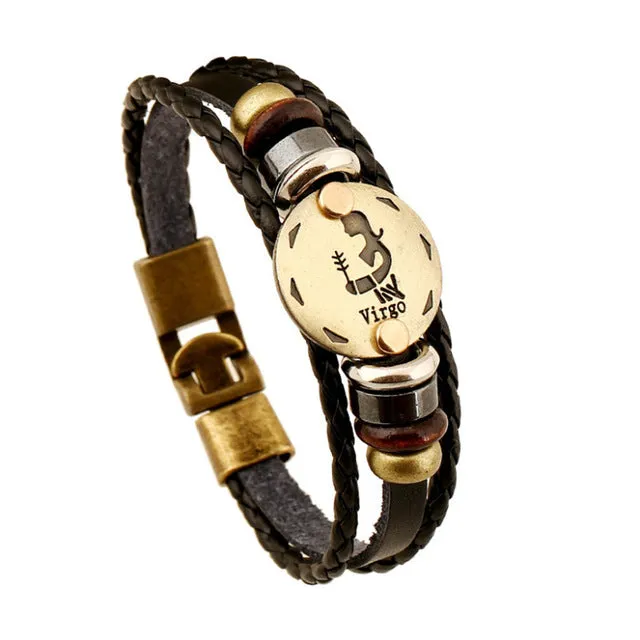 Fashion Alloy Buckles 12 Zodiac Signs Bracelets & Bangles Handmade Vintage Punk Leather Bracelet For Men Women Charm Jewelry