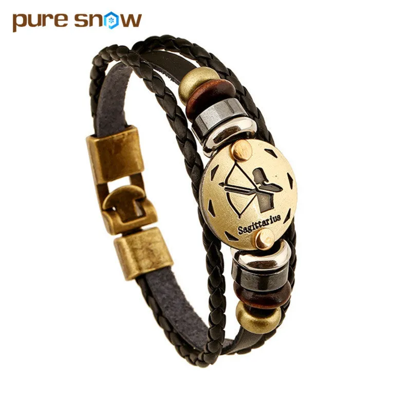 Fashion Alloy Buckles 12 Zodiac Signs Bracelets & Bangles Handmade Vintage Punk Leather Bracelet For Men Women Charm Jewelry