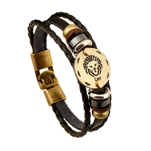 Fashion Alloy Buckles 12 Zodiac Signs Bracelets & Bangles Handmade Vintage Punk Leather Bracelet For Men Women Charm Jewelry