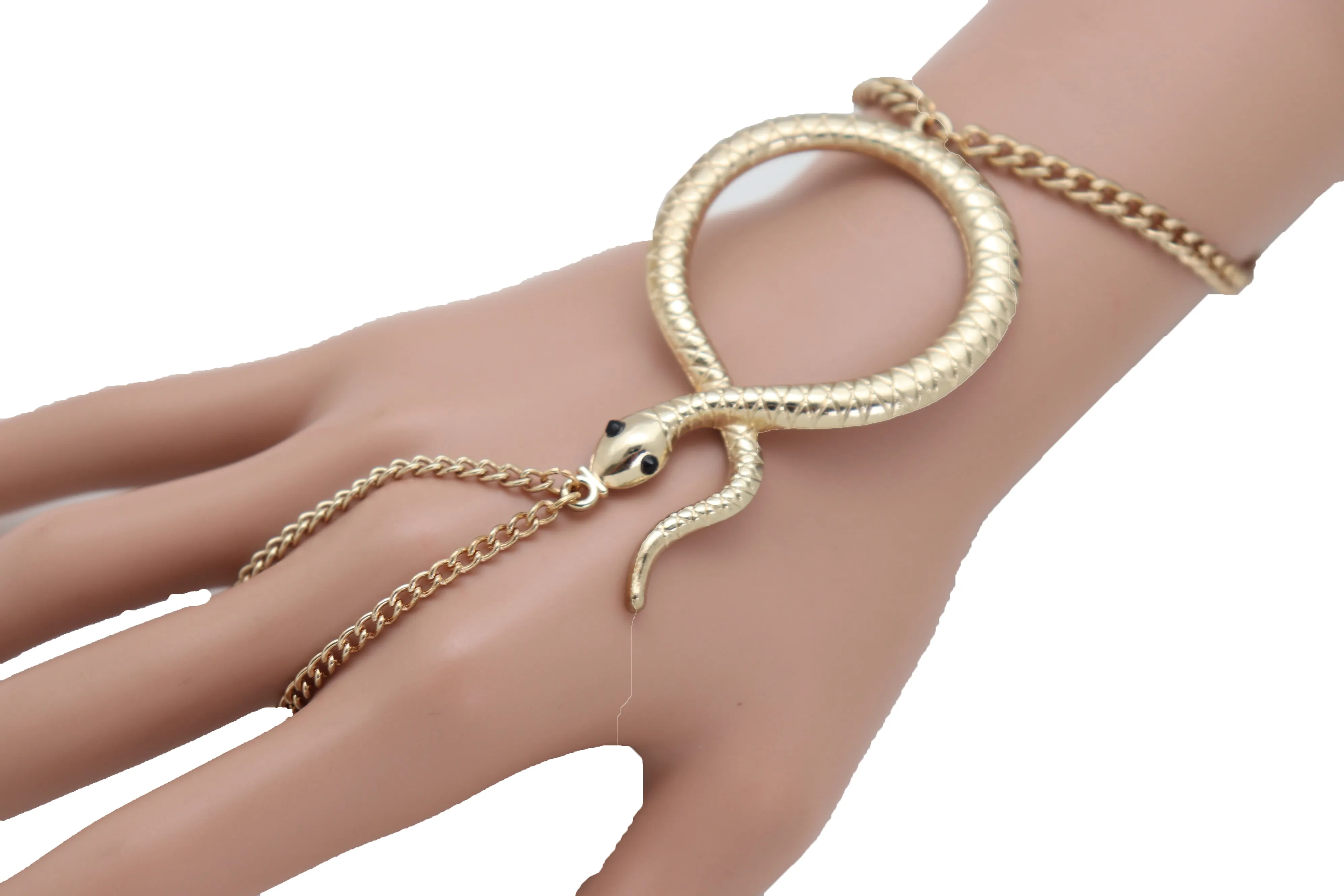 Fashion Bracelet Gold Metal Hand Chain Cobra Snake Jewelry Connected Ring