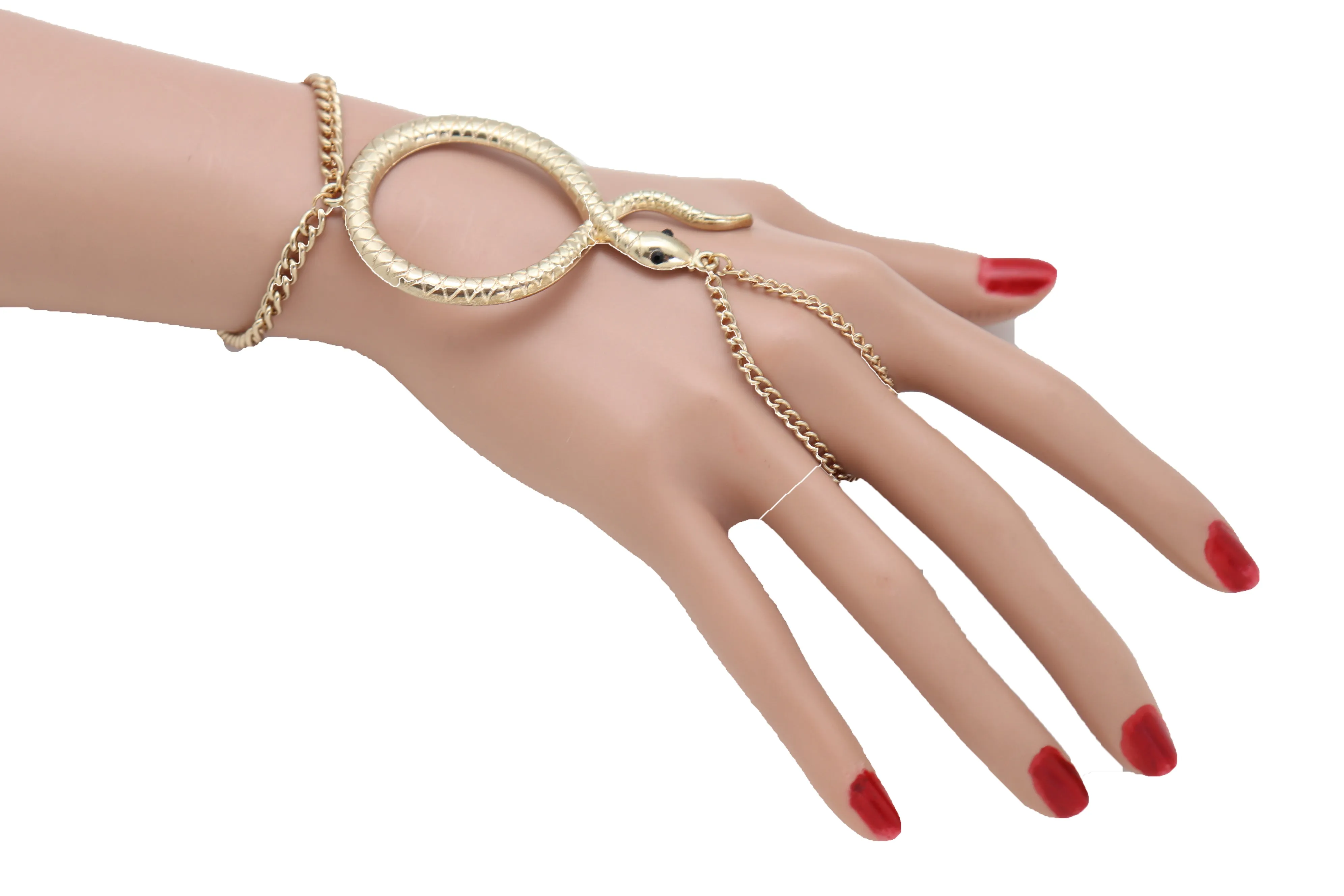 Fashion Bracelet Gold Metal Hand Chain Cobra Snake Jewelry Connected Ring