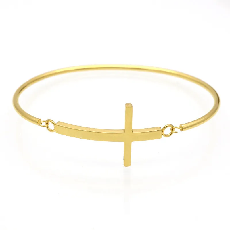 Fashion Gold Sideways Cross Faith Christian Stainless Steel Cross Bracelet Simple Tiny Small Horizontal Cross Bracelets