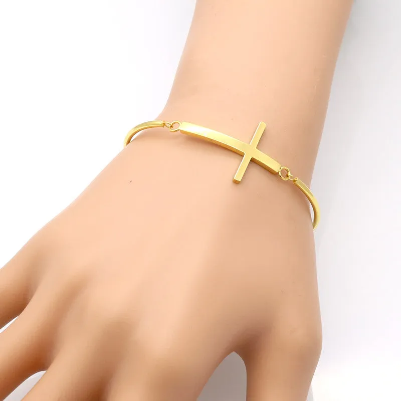 Fashion Gold Sideways Cross Faith Christian Stainless Steel Cross Bracelet Simple Tiny Small Horizontal Cross Bracelets