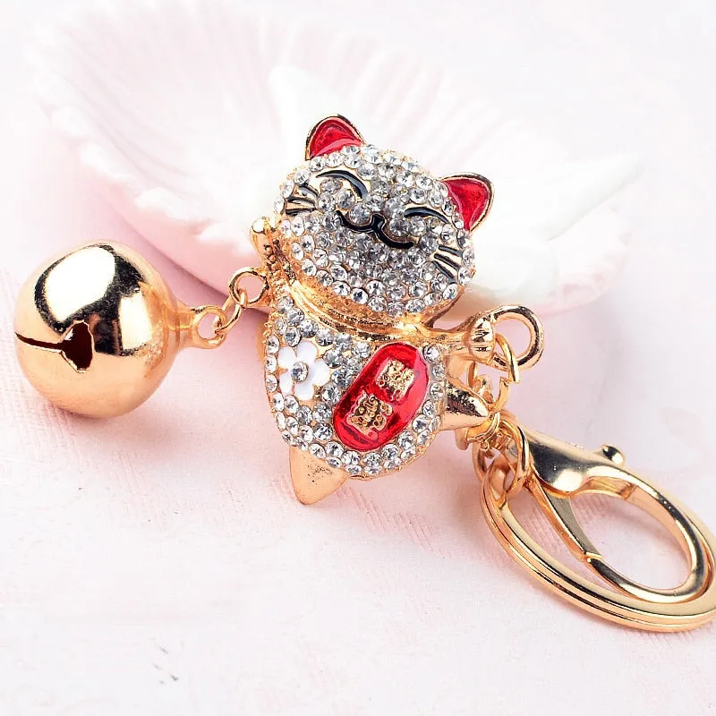 Fashion Women Lovely Happy Cat Bells Keychains Rhinestones Bag Keyring Handbag Charms Animal Key Holders