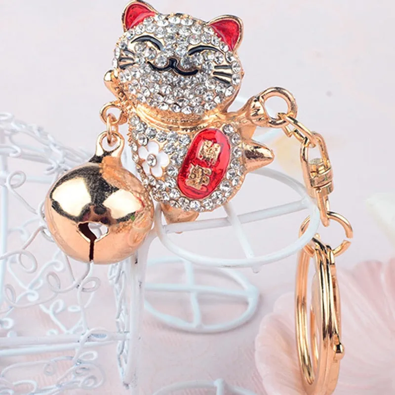 Fashion Women Lovely Happy Cat Bells Keychains Rhinestones Bag Keyring Handbag Charms Animal Key Holders