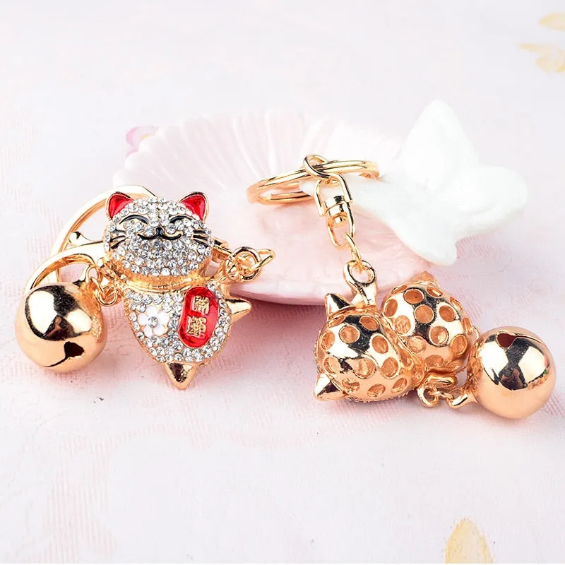 Fashion Women Lovely Happy Cat Bells Keychains Rhinestones Bag Keyring Handbag Charms Animal Key Holders