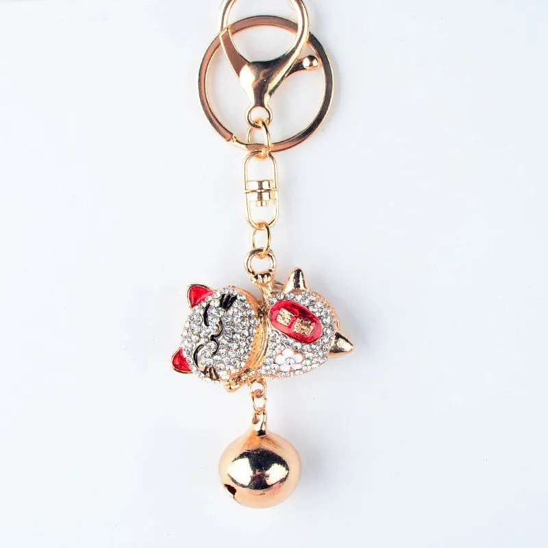 Fashion Women Lovely Happy Cat Bells Keychains Rhinestones Bag Keyring Handbag Charms Animal Key Holders