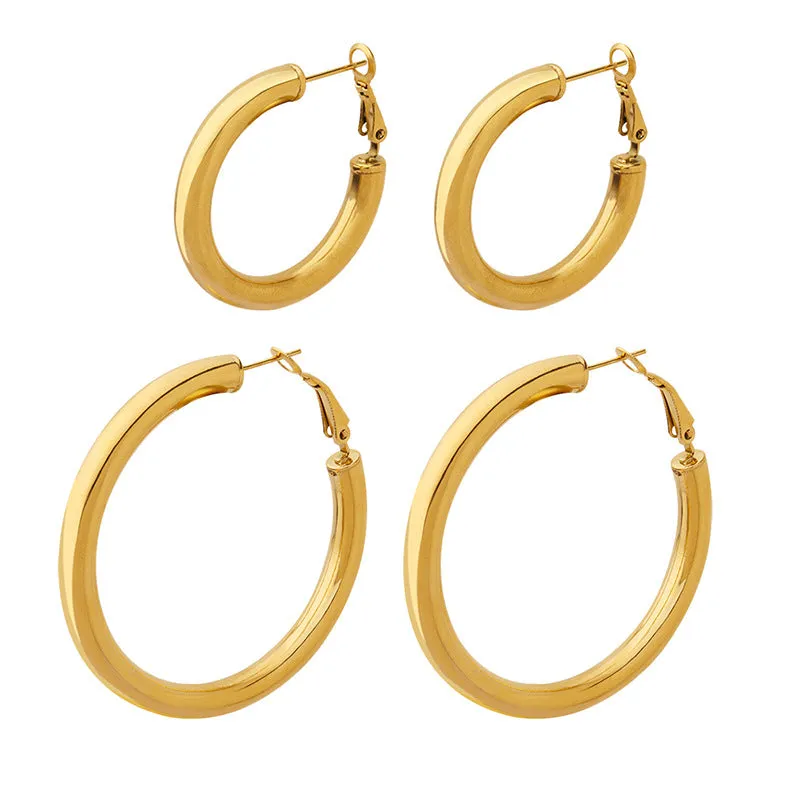 Fashionable Titanium Steel Gold-Plated Hollow Round Tube Earrings