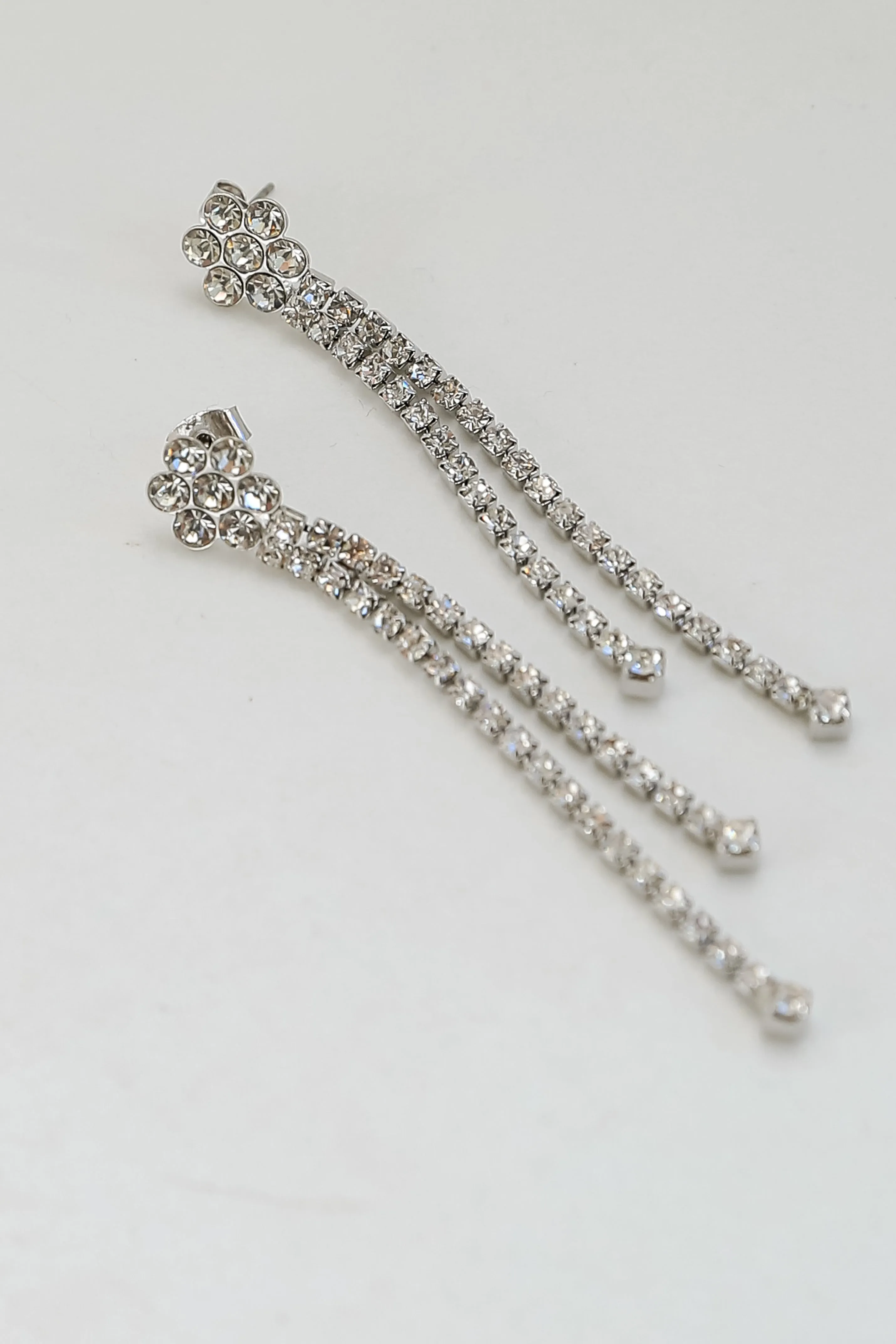 FINAL SALE - Ellie Silver Flower Rhinestone Fringe Earrings