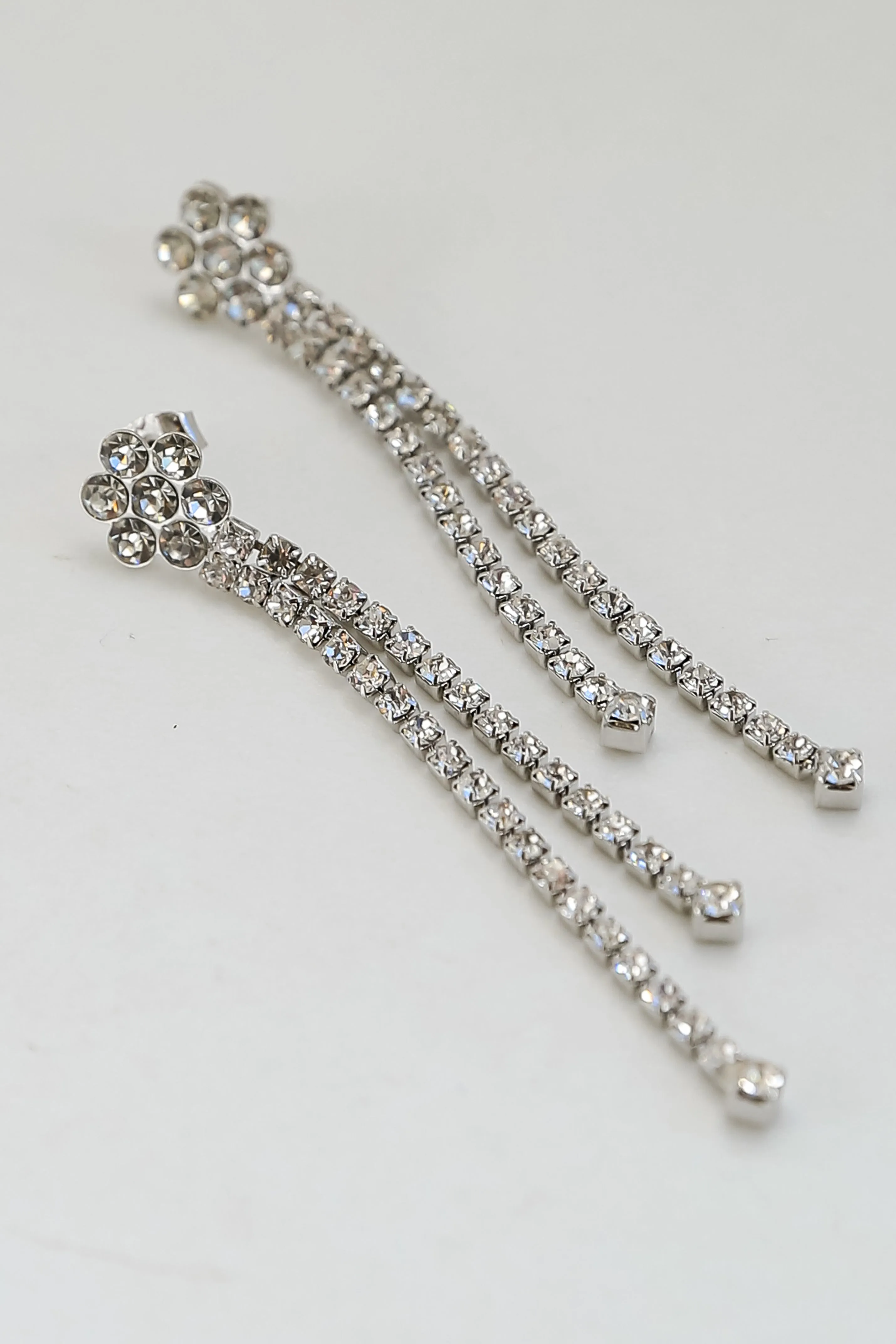 FINAL SALE - Ellie Silver Flower Rhinestone Fringe Earrings