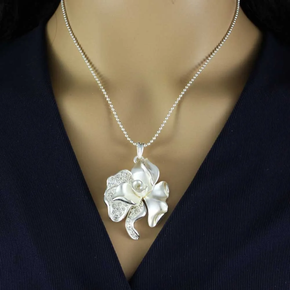 Frosted Silver-tone Crystal Rose Rose Pendant on Chain - RSN619