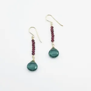 Garnet Rondelle Bar and Green Drop Earring