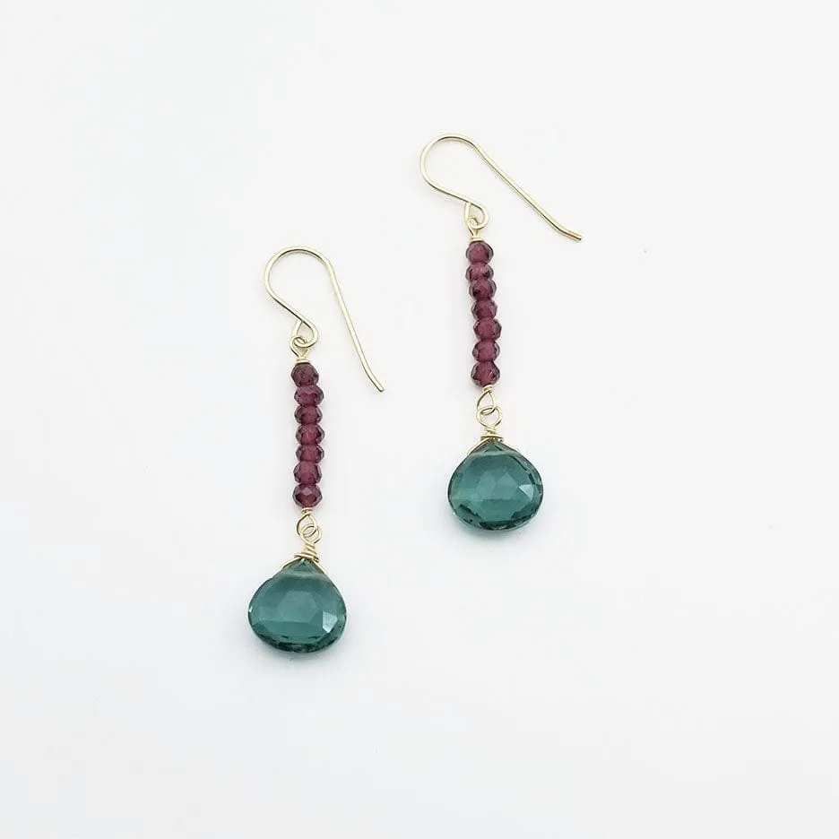 Garnet Rondelle Bar and Green Drop Earring