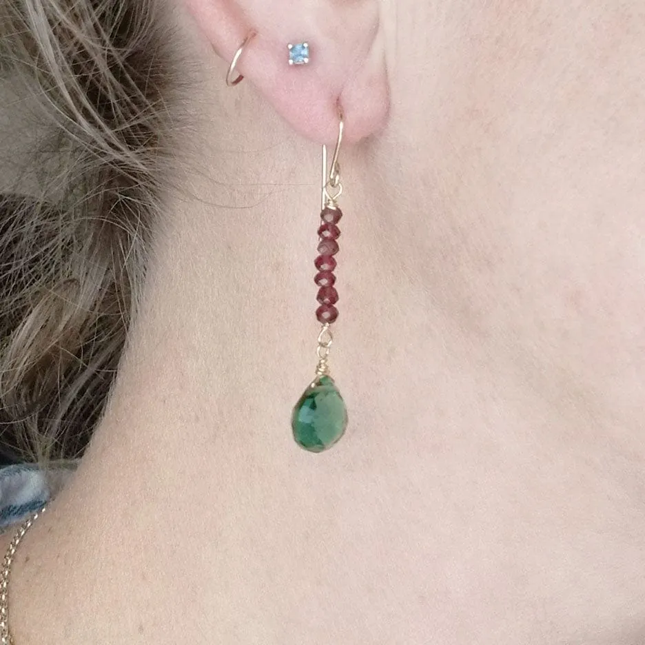 Garnet Rondelle Bar and Green Drop Earring