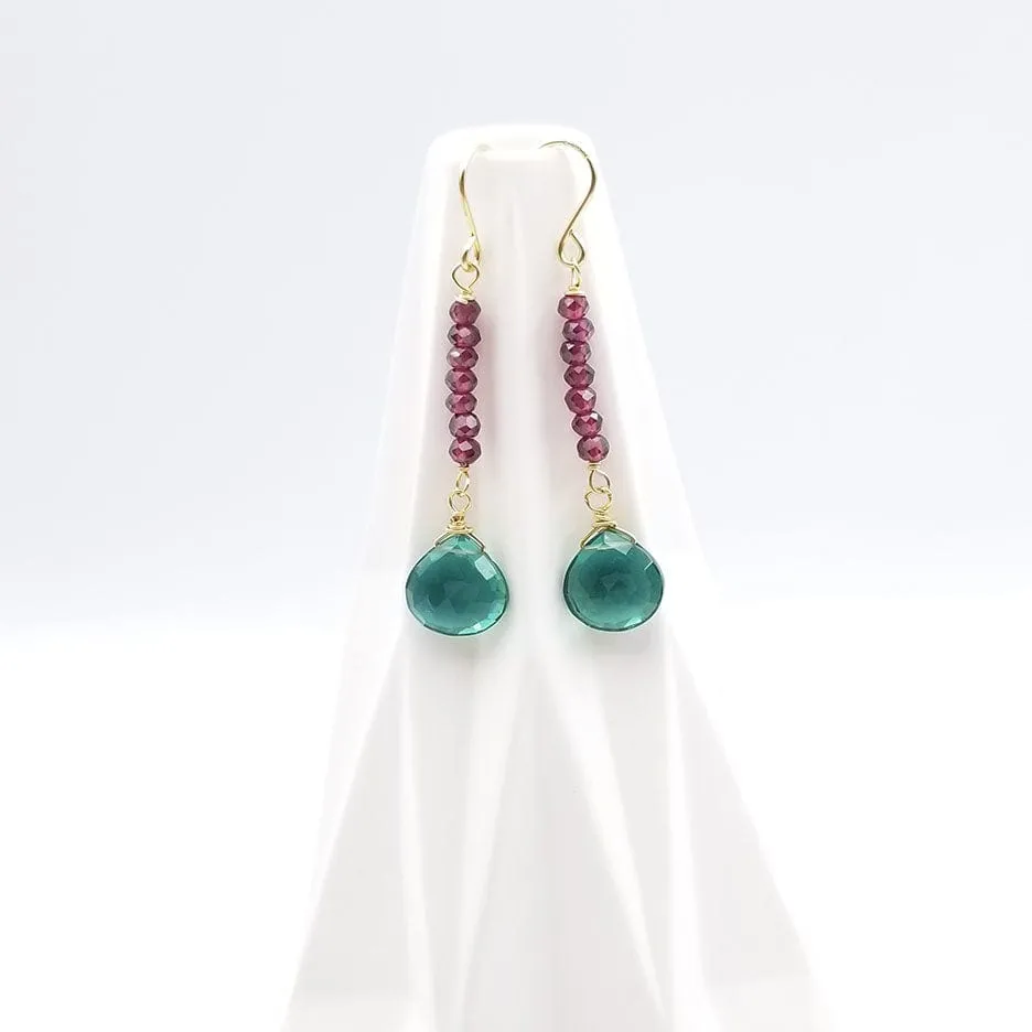 Garnet Rondelle Bar and Green Drop Earring