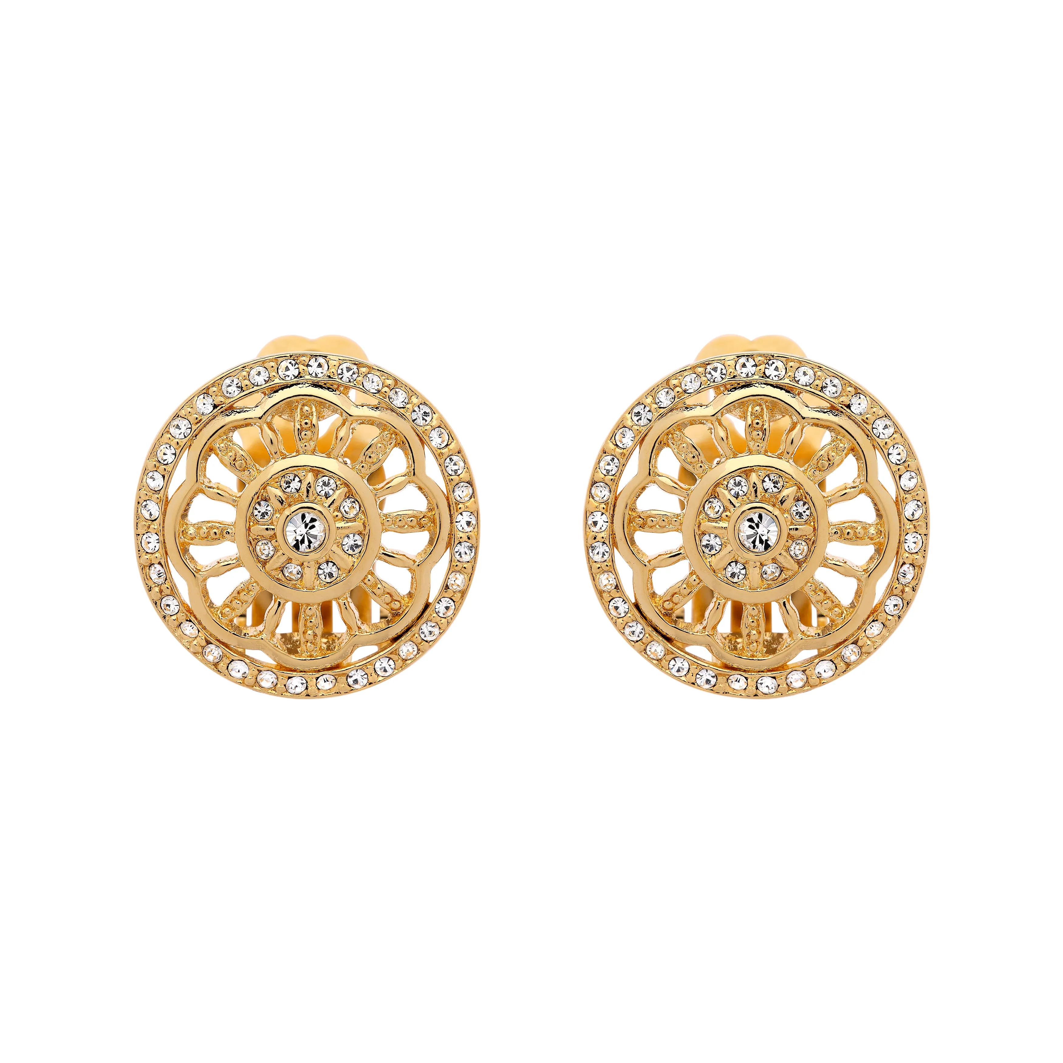 Gold & Crystal Disc Clip Earrings