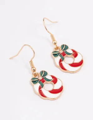 Gold Enamel Christmas Wreath Drop Earrings