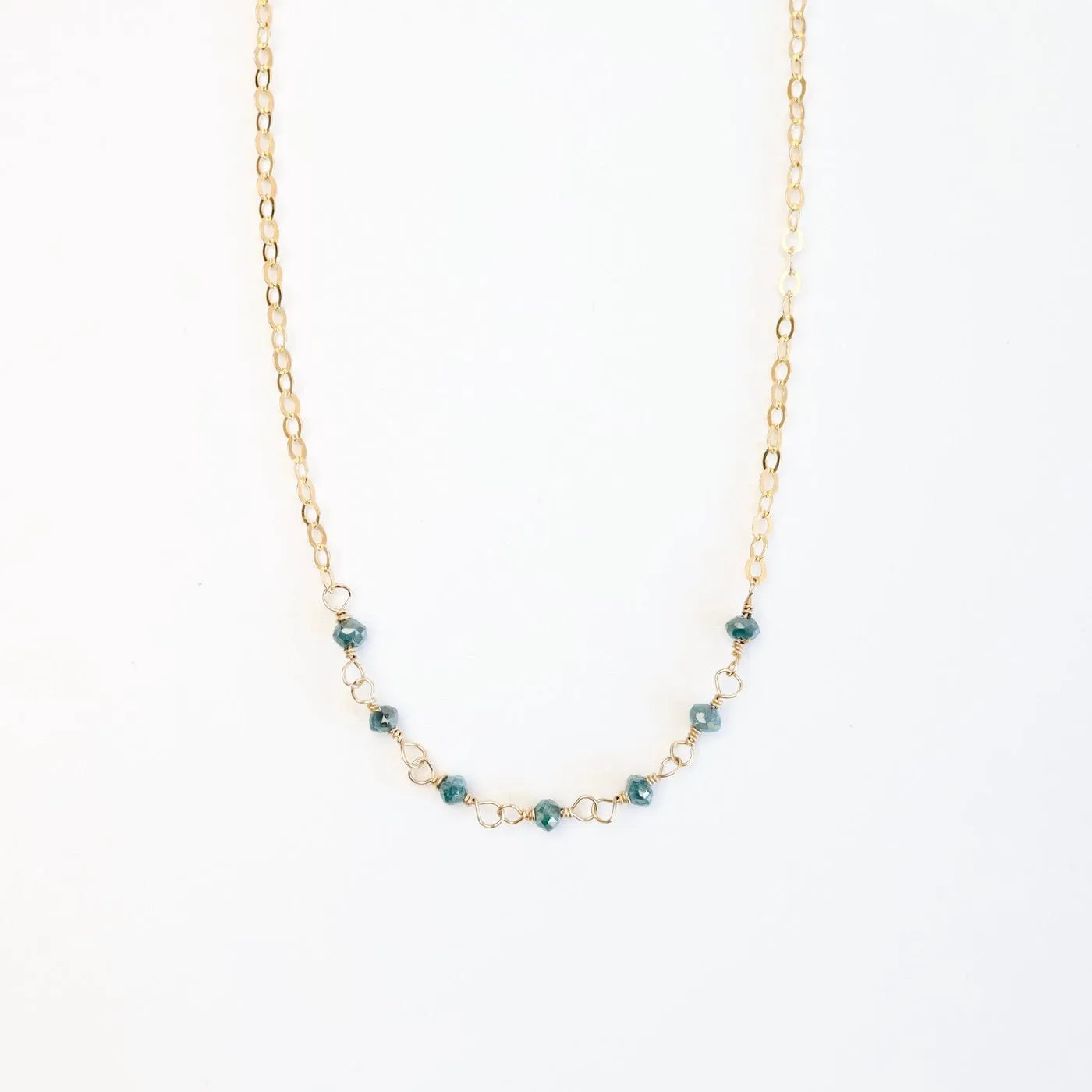 Gold Filled Dainty 7 Green Diamond Rondelle Line Necklace