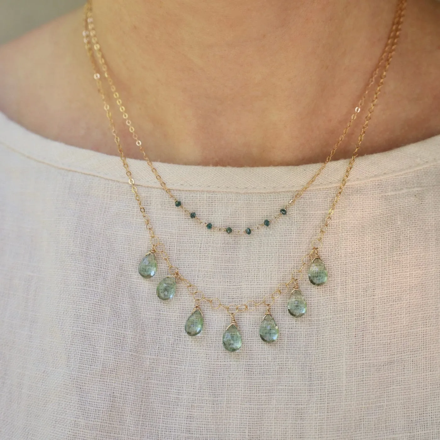 Gold Filled Dainty 7 Green Diamond Rondelle Line Necklace