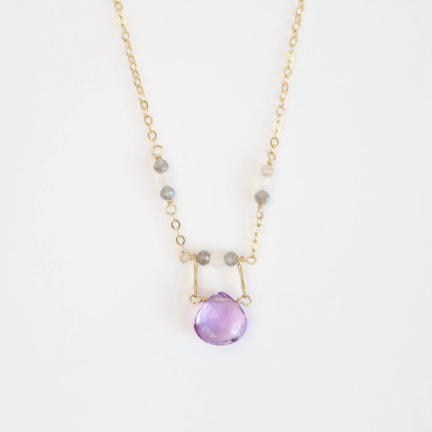 Gold Filled Drop Down Bar Link Pink Amethyst Necklace