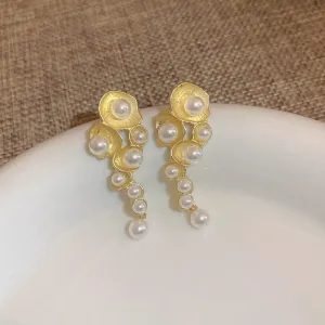 Gold Floral Pearl Drop Earrings-jlt11669