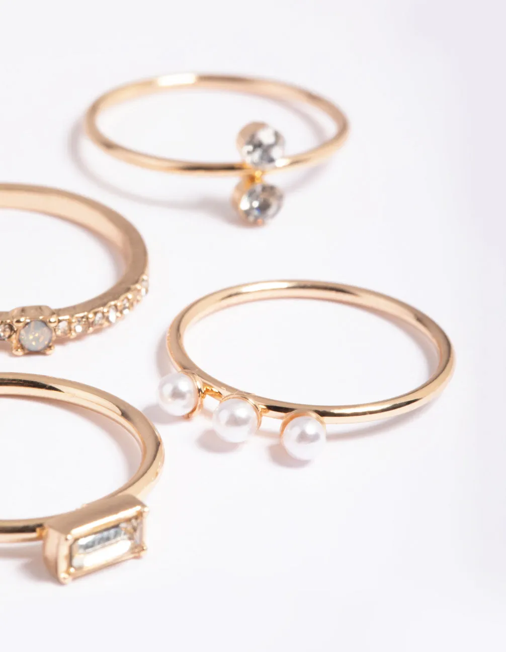 Gold Pearl & Diamante 4-Pack Rings