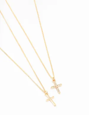 Gold Plain & Diamante Cross Necklace 2-Pack