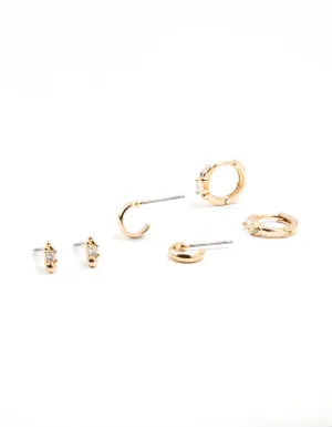 Gold Round & Square Stone Earrings 3-Pack