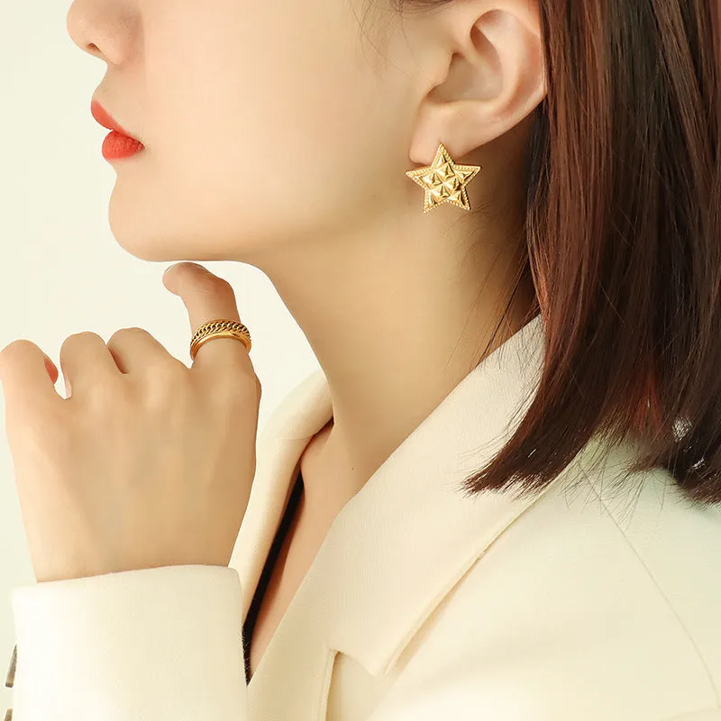 Golden Titanium Steel Pentagonal Star Earrings with French Retro Charm