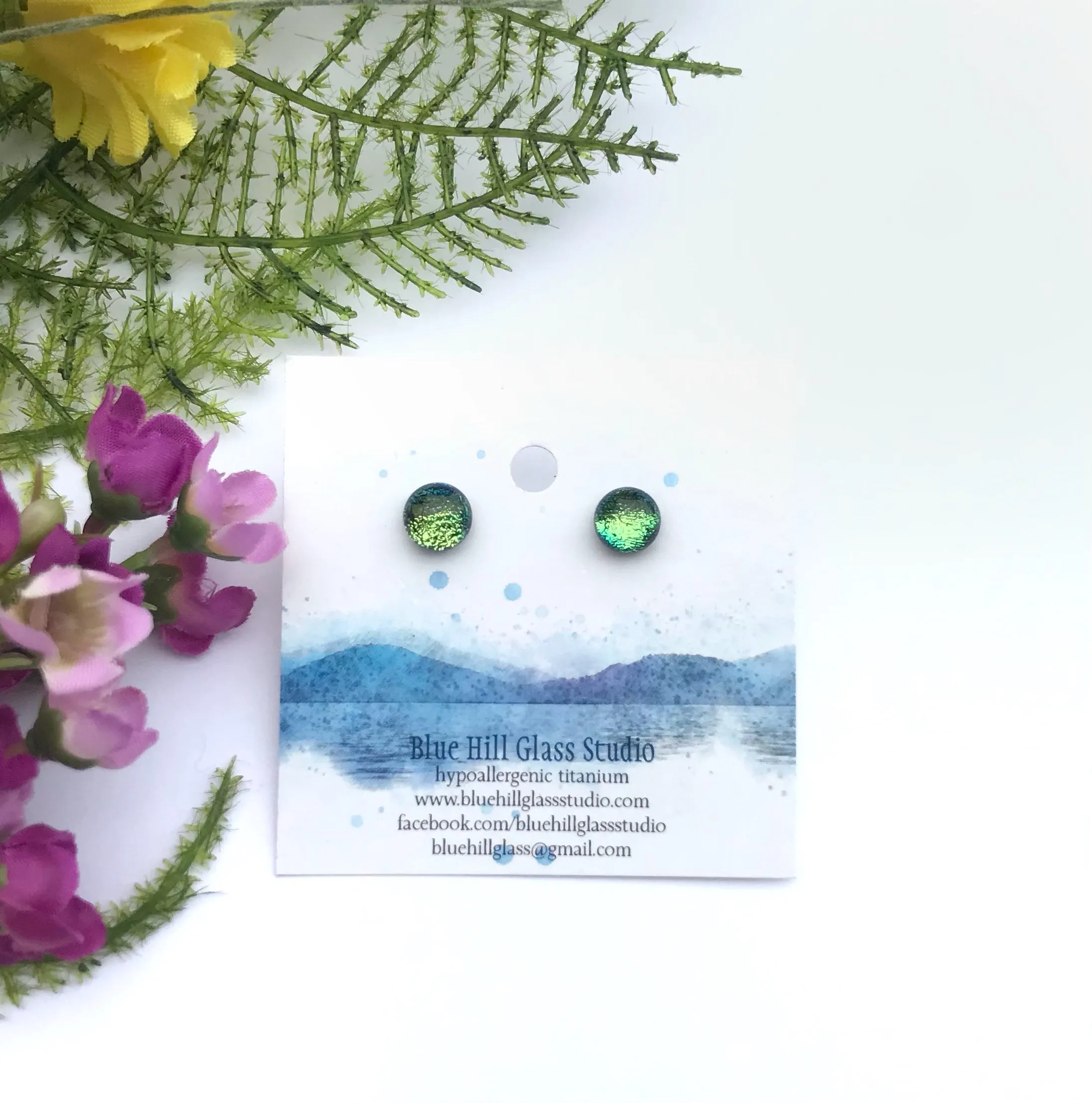 Green Blue Color changing  Dichroic Fused Glass Stud Earrings - Hypoallergenic Titanium