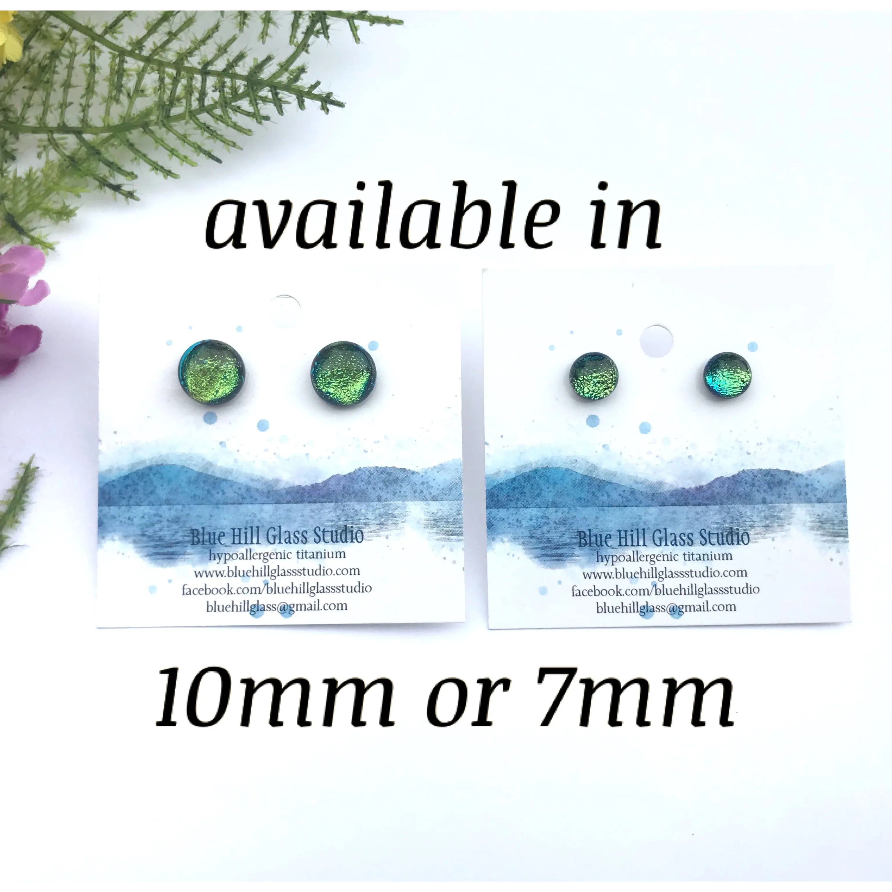 Green Blue Color changing  Dichroic Fused Glass Stud Earrings - Hypoallergenic Titanium