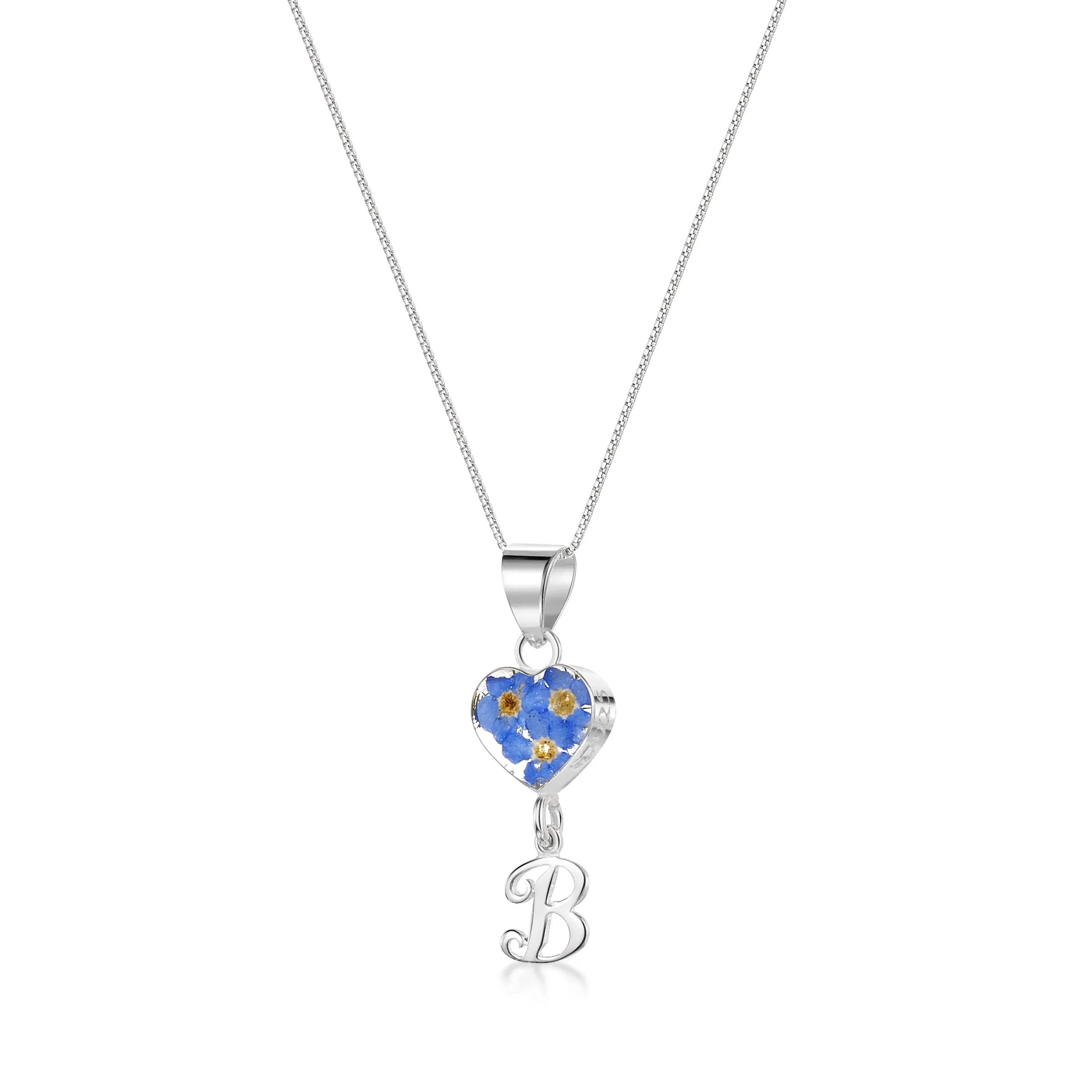 Handmade Sterling Silver Forget-Me-Not Pendant Necklaces with Initial Charm & forget me nots