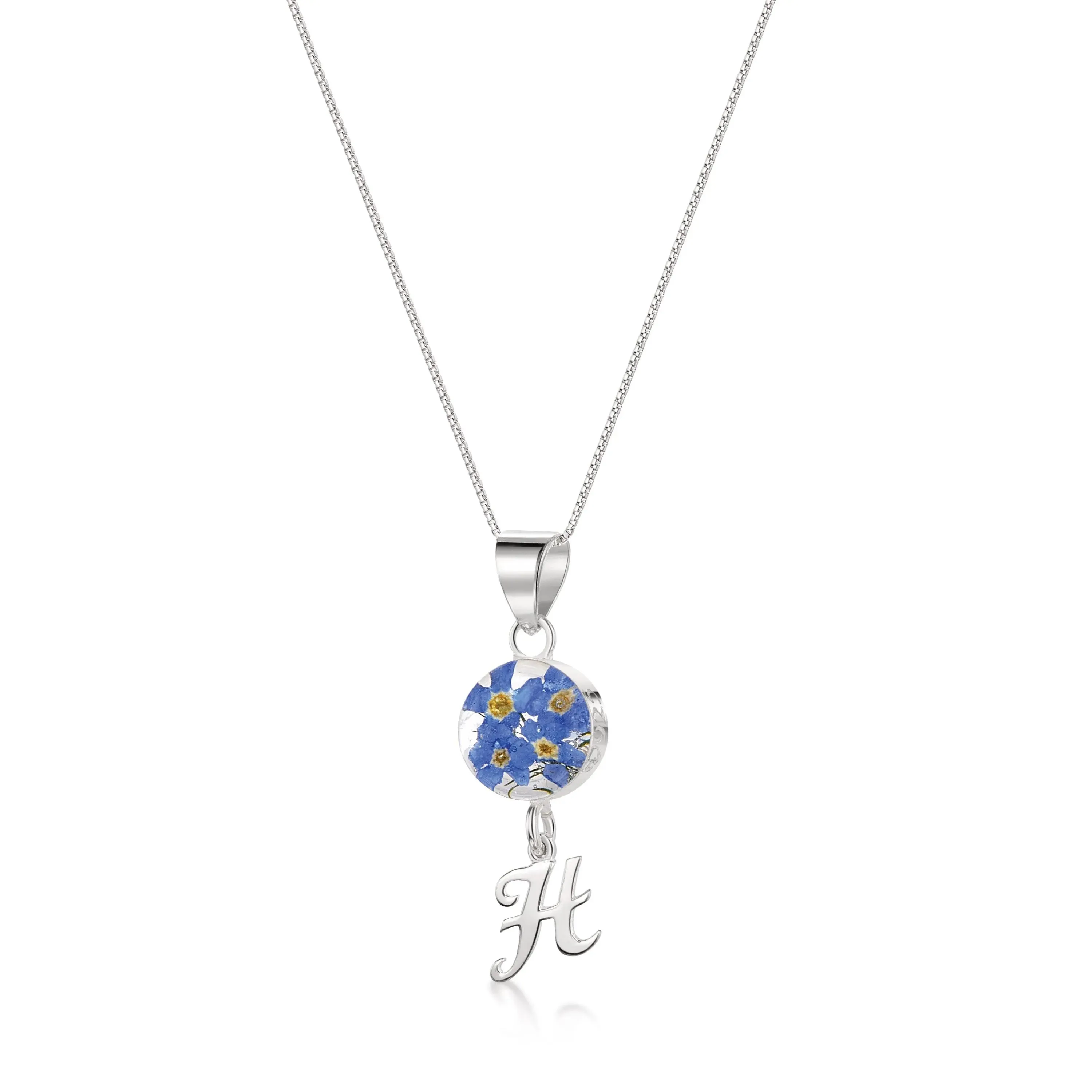 Handmade Sterling Silver Forget-Me-Not Pendant Necklaces with Initial Charm & forget me nots